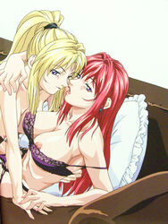 2girls bible_black blonde_hair breasts couch earrings female jewelry lingerie lipstick long_hair looking_at_viewer lowres makeup multiple_girls nail_polish nipples official_art pillow ponytail purple_eyes red_hair saeki_kaori scrunchie sexually_suggestive takashiro_hiroko teacher teacher_and_student tied_hair underwear yoshiten yuri