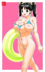 3_breasts black_hair breasts g-string large_breasts machino_henmaru multi_breast sling_bikini swimsuit tied_hair twintails what