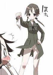 blush bottomless brown_hair clothing female female_only gertrud_barkhorn hand_on_hip hands hips holding holding_panties miyafuji_yoshika multiple_girls no_panties panties panties_removed pussy shocked strike_witches surprised tensugi_takashi tied_hair twintails uncensored underwear