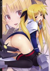 ass bardiche between_thighs blonde_hair blush crotch_rub face fate_testarossa finger_to_mouth finger_to_tongue ha-ru hair_ribbon hair_ribbons highres long_hair lyrical_nanoha mahou_shoujo_lyrical_nanoha mahou_shoujo_lyrical_nanoha_strikers masturbation pussy_juice red_eyes ribbon ribbons staff sweat thighhighs tied_hair twintails very_long_hair