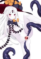 abigail_williams_(fate/grand_order) bangs black_bow black_hat blush bow breasts censored closed_mouth eyebrows_visible_through_hair fate/grand_order fate_(series) female hat highres kiyomin long_hair navel nipples orange_bow pale_skin parted_bangs polka_dot polka_dot_bow purple_eyes pussy revealing_clothes simple_background small_breasts smile solo spread_pussy standing standing_on_one_leg topless very_long_hair white_background white_hair witch_hat