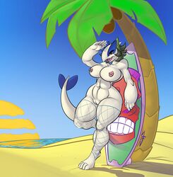 2015 anthro areola beach big_breasts breasts erect_nipples female lugia navel nintendo nipple_piercing nipples nude piercing pokemon pokemon_(species) pussy seaside smile video_games zillford