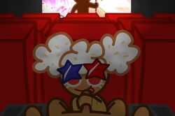 1boy blue_and_red_star_glasses cookie_run female handjob looking_at_viewer movie_theater popcorn_cookie red_chairs source_not_archived tan_skin 고왱고왱_(artist)