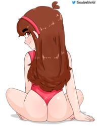 1girls ass back_view blush blushing_at_viewer brown_eyes brown_hair disney disney_channel gravity_falls hair_band looking_at_viewer looking_back mabel_pines one-piece_swimsuit praisephoenix samdysworld sitting straight_hair swimsuit toes wet wet_clothes wet_hair wet_skin white_background