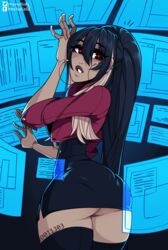 1girls 2018 android ass black_hair dark-skinned_female female female_only glasses long_hair mechanized original_character red_eyes short_skirt solo