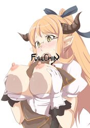 blue_ribbon blush breasts breasts_out brown_hair disembodied_penis fellatio female glasses gloves granblue_fantasy hair_ribbon horns large_breasts long_hair male monchan_rev3 nipples oral paizuri penis pointy_ears ponytail ribbon saaya_(granblue_fantasy) sarya_(granblue_fantasy) straight tears text tied_hair upper_body white_background white_gloves