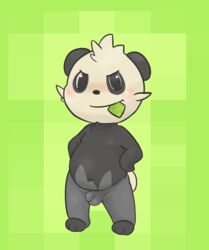 3_toes artist_request barefoot black_fur black_nose blush closed_mouth color condom flaccid fur furry_ears furry_tail green_background grey_fur hands_on_hips lambent male male_only mouth_hold nude open_eyes pancham penis pokemon round_ears solo standing tail testicles white_fur