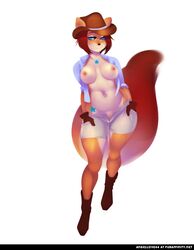 1girls angellove44 anthro blue_eyes boots breasts brown_hair cowgirl female hair hat looking_at_viewer mammal navel necklace nipples open_clothes open_shirt rodent short_hair shorts simple_background solo squirrel standing star voluptuous