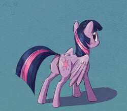 2017 alicorn anus ass blush clitoral_winking clitoris cutie_mark dock el-yeguero equine female feral friendship_is_magic green_background hair horn looking_at_viewer looking_back mammal multicolored_hair my_little_pony presenting presenting_anus presenting_pussy purple_eyes pussy simple_background solo twilight_sparkle_(mlp) unicorn_horn wings