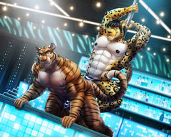 abs bar biceps bulge clothed clothing dream_and_nightmare feline jaguar male mammal muscular night_(dream_and_nightmare) nipples pecs pole stripper stripper_pole tiger tiger_dancer_(zootopia) topless yaoi zootopia zootopia_shorts