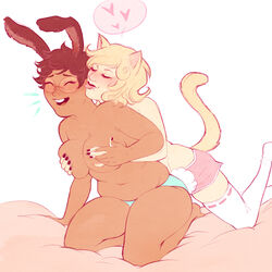 2girls animal_ears black_hair black_lipstick blonde_hair breast_grab breasts buckteeth bunny_ears cat_ears chubby closed_eyes dark-skinned_female dark_skin fangs female fletsch glasses heart homestuck ivalisian jane_crocker large_breasts ms_paint_adventures panties roxy_lalonde short_hair tail valdgeist webcomic white_skin wholesome yuri