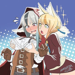 2girls :o admiration admiring amazed animal_ear_fluff animal_ears arms belt big_breasts blonde_hair blue_background blush breast_awe breast_fondling breast_grab breast_hold breast_squeeze breasts brown_belt brown_gloves clothed clothes clothing corset covered_breasts cute double_breast_grab embarrassed fang fangs female female_only fire_emblem fire_emblem_fates fondling fondling_breast fox_ears fox_girl foxgirl fur gloves grabbing grabbing_from_behind gray_hair grey_hair groping hands holding holding_breast holding_breasts hood large_breasts leaning_forward looking_at_breasts looking_down molestation multiple_girls nintendo open_mouth red_eyes samanator_club selkie_(fire_emblem) shirt shocked short_hair simple_background sparkle sparkles squeeze squeezing staring staring_at_breasts sweat sweatdrop thighs velouria_(fire_emblem) white_shirt wolf_ears wolf_girl wolfskin yellow_eyes yuri