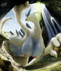 2022 absurd_res anthro areola big_breasts blulesnsfw breasts female genitals hi_res legendary_pokémon lugia nintendo nipples nude pokemon pokemon_(species) pussy solo video_games