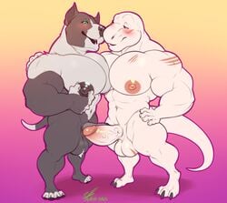 2019 abs absurd_res anthro ball_tuft balls big_muscles big_nipples big_pecs blush bodily_fluids canid canine canis comparing comparing_muscles daxx_(shirteater18) dinosaur domestic_dog duo erection eye_contact genitals gradient_background half-closed_eyes hand_on_back hi_res kissing looking_at_another male male/male male_focus male_only mammal marlon.cores muscular muscular_anthro muscular_male narrowed_eyes navel nipple_fetish nipple_piercing nipple_pinch nipple_play nipples nude original original_character original_characters pecs penis piercing pinch pit_bull reptile rex_(rexpecs) romantic_ambiance saliva saliva_string scalie shirteater18 signature simple_background standing theropod tuft tyrannosaurid tyrannosaurus tyrannosaurus_rex vein veiny_penis