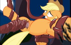 anus applejack_(mlp) ass bondage drill equine female friendship_is_magic horse mittsies my_little_pony pussy smooth_skin spread_legs tentacles tiarawhy vaginal_penetration