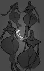 1girls 2d 2d_(artwork) 2d_artwork artist_request big_ass greyscale huge_ass huge_thighs navel purple_eyes simple_background small_breasts solo solo_focus thunder_thighs warframe wide_hips wisp_(warframe)