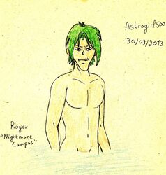 10s 1boy 2013 astrogirl500 dated english_text green_hair male male_only muscular nightmare_campus no_visible_genitalia simple_background solo tagme text traditional_media_(artwork)