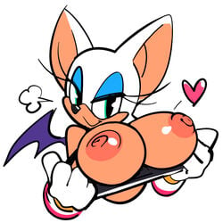 bat big_areola big_breasts big_nipples breasts breasts_out clothing edit female female_only green_eyes heart large_breasts mammal nipples partially_clothed rouge_the_bat rouge_the_rider sega shirt shirt_pull solo sonic_(series) sonic_riders watatanza