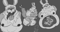 anthro ball_bulge bulge bulge_size_difference cock_vore domestic_cat felid feline felis genitals group hi_res lagomorph leporid male mammal oral_vore penile penis rabbit soft_vore solo stomach_bulge toggle_(artist) trio vore