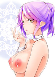 bangs blush breasts commentary_request eyebrows_visible_through_hair female from_side hand_up highres large_breasts looking_at_viewer nipples nude open_mouth original parted_bangs parted_lips ponytail purple_hair sidelocks solo takara_akihito upper_body yellow_eyes