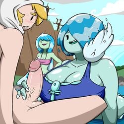 1boy 2girls adventure_time balls bangs bent_over bikini biting_lip black_eyes blonde_hair blue_bikini blue_hair blue_skin blush breasts cleavage clothed_female_nude_male denise_(adventure_time) efrejok elemental erect eyelashes female finn_the_human green_skin hair hair_over_one_eye handjob hood huge_breasts huge_cock large_penis long_hair male nervous open_mouth outdoors partially_submerged penis pink_bikini pink_lips pool precum sitting small_breasts smile thick_lips veiny veiny_penis very_long_hair watching water water_hair water_nymph white_eyes