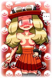 1girls blonde_hair collarbone embarrassed female hat human human_only nintendo pokemon pokemon_xy red_skirt rorretsim serena_(pokemon) skirt tagme topless topless_female