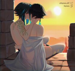 2boys balcony blue_hair braid color detailed_background deymara femboy femboy_on_femboy gay genshin_impact glowing gradient_hair kissing male male_only mostly_nude outside signature sunset tattoo thighhighs thighs venti_(genshin_impact) wholesome xiao_(genshin_impact) yaoi