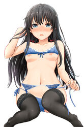 adjusting_hair areolae bangs bare_shoulders black_hair black_legwear black_thighhighs blue_bra blue_eyes blue_panties blue_underwear blush bra bra_lift bra_pull breast_slip breasts breasts_out_of_clothes cameltoe clavicle feet_apart female female_only garter_belt garter_straps hand_in_hair high_resolution inanaki_shiki knees_together knees_together_feet_apart lingerie long_hair looking_at_viewer midriff my_teen_romantic_comedy_snafu navel nipple_slip nipples open_mouth pantsu side-tie_panties sitting small_breasts solo thighhighs underwear underwear_pull white_background yukinoshita_yukino