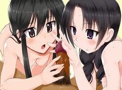 1boy 2girls amakusa_shino censored dark-skinned_male dark_skin eyebrows_visible_through_hair ffm_threesome handjob hetare_(pixiv) interracial light-skinned_female light_skin looking_at_penis multiple_girls open_mouth penis_awe pov pubic_hair seitokai_yakuindomo tagme teamwork threesome