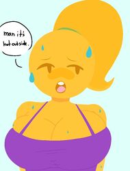 anthro big_breasts breasts cleavage cleavage_overflow emoji_(race) emoji_slut emojifam_(sssir8) female female_focus female_only huge_breasts large_breasts looking_at_viewer mob_face no_outlines original_character overflowing_breasts ponytail purple_shirt snowonii sweat sweating sweaty top_heavy yellow_body yellow_hair yellow_skin