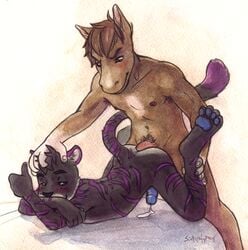 2boys anal anthro blue_eyes blue_pawpads blue_penis blush brown_eyes cum cum_while_penetrated donkey equine feline fur furry furry_only gay head_grab male male_only mammal penetration penis pubes purple_markings sicklyhypnos thumbs_up tiger traditional_media yaoi