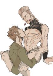 2boys age_difference between_legs blush glasses grabbing_arm interracial jean_pierre_polnareff jojo's_bizarre_adventure licking_nipples male male/male male_focus male_nipples male_only muscular nipple_play noriaki_kakyoin rohen_(artist) shirt shirt_lift shirt_up stardust_crusaders yaoi