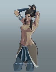 1girls avatar_legends clothing dark-skinned_female dark_skin female female_only human korra medium_breasts solo straight_hair the_avatar the_legend_of_korra topless topless_female water_tribe will-ruzicka