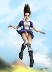 1futa alice_(madness_returns) alice_in_wonderland alice_liddell alice_madness_returns american_mcgee's_alice balls boots brown_hair clothing futa_only futanari green_eyes human intersex kneesocks lionspirit necklace open_mouth penis signature solo testicles upskirt