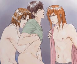 3boys bare_chest bishonen gay ken_hidaka male_only nude_male partially_clothed schuldig weiss_kreuz yaoi yohji_kudou