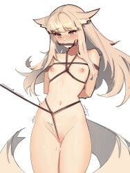 absurdres animal_ears arknights arms_behind_back bit_gag blush bound bound_wrists breasts brown_eyes ears_down female gag highres navel ninra nipples platinum_(arknights) pussy rope rope_bondage simple_background small_breasts solo standing tail uncensored white_background