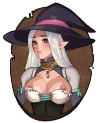 blush elf female grey_hair hat naver nipples portrait rukin suto tagme witch witch_hat