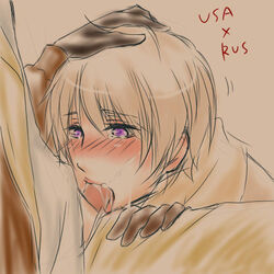 alfred_jones america_(hetalia) axis_powers_hetalia blonde_hair blowjob blush blushing blushing_ears cum_on_face fellatio gay gloves hand_on_head ivan_braginski light_skin male male/male male_only purple_eyes russia_(hetalia) tears