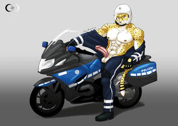 1boy anthro anupap balls black_nose cheetah feline fur furry german_text hat headgear helmet male male_only mammal motorcycle nipples penis solo text topless vehicle