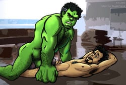 2boys all_fours avengers black_hair body_hair clenched_teeth erect_nipples erection facial_hair gay green-skinned_male green_skin hands_above_head huge_cock hulk hulk_(series) human iron_man iron_man_(series) light-skinned_male light_skin looking_at_viewer lying_on_back male male_only marvel multiple_males nude nude_male penis_size_difference penises_touching sageofspice size_difference tony_stark veiny_muscles yaoi