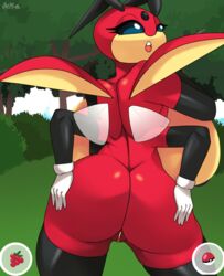 2020 4_arms absurd_res anthro arthropod ass big_breasts blue_eyes breasts female forest genitals hi_res huge_breasts insects ledian looking_at_viewer looking_back multi_arm multi_limb nic-m-lyc nintendo pokémon_(species) poke_ball pokemon pokemon_go pussy red_body solo tree video_games