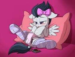 1boy balls black_hair blush bow cum friendship_is_magic girly horsecock male male_only my_little_pony open_mouth panties penis pusspuss rumble_(mlp) solo stockings tail testicles tongue wings