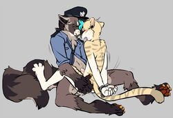 arms_behind_back blush bottomless canine clothed clothing cop_outfit cuffs cum erection feline half-dressed handcuffs male male_only mammal multiple_males nude paperclip_(artist) penis precum sex shackles sweat yaoi