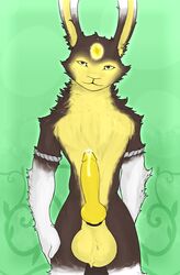 1boy 2018 anthro balls big_balls big_penis brown_fur cock_ring easter fur glowing glowing_eyes hi_res himerosthegod holidays huge_balls huge_cock knot lagomorph magic male male_only mammal muscular penis precum rabbit simple_background solo var_arden_(himeros) white_fur yellow_fur yellow_penis