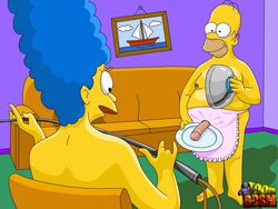 1boy 1girls apron bald barefoot blue_hair cosplay fat female femdom homer_simpson human maid male malesub marge_simpson penis straight the_simpsons toon_bdsm uncensored yellow_skin