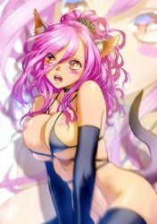 animal_ears bikini black_gloves black_scrunchie black_thighhighs blush_stickers bottomless breasts breasts_out cat_ears cat_girl cat_tail elbow_gloves eyelashes fangs female gloves hair_between_eyes hair_ornament hair_scrunchie hanabusu_arisu highres large_breasts long_hair micro_bikini nipples open_mouth orange_eyes original pink_hair scrunchie slit_pupils solo swimsuit tail thighhighs yui_toshiki zoom_layer