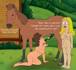 american_dad crossover cum cum_in_mouth cum_inside dialogue english_text fellatio francine_smith horse_penis king_of_the_hill kneeling oral peggy_hill semen stan_smith swallowing text zoophilia