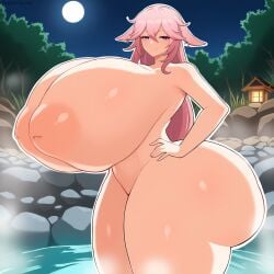 ai_generated genshin_impact gigantic_breasts hand_on_hip inverted_nipples looking_at_viewer night onsen standing thick_thighs wide_hips yae_miko