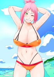 1girls armpits arms_behind_head arms_up ass breasts cleavage closed_mouth covered_erect_nipples female female_focus green_eyes highres huge_breasts midriff naruto naruto_(series) naruto_shippuden panties pink_hair sakura_haruno short_hair smile sunahara_wataru swimsuit underwear upper_body voluptuous