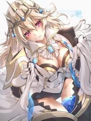 1girls cleavage corrin_(female)_(hoshido_noble)_(fire_emblem) corrin_(fire_emblem) corrin_(fire_emblem)_(female) crown fire_emblem fire_emblem_fates fire_emblem_heroes grey_hair large_breasts mildmild1311 nintendo object_between_thighs panties red_eyes thigh_gap thigh_window thighs